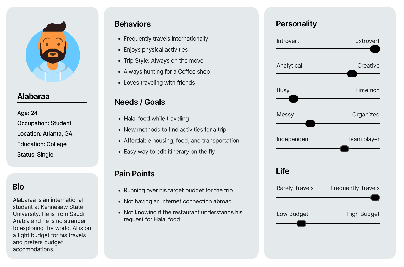 Persona for Alabaraa including the categories Bio, Behaviors, Needs & Goals, Pain Points, Personality, and Life Traits.