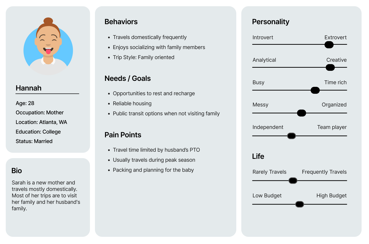 Persona for Hannah including the categories mentioned previously.